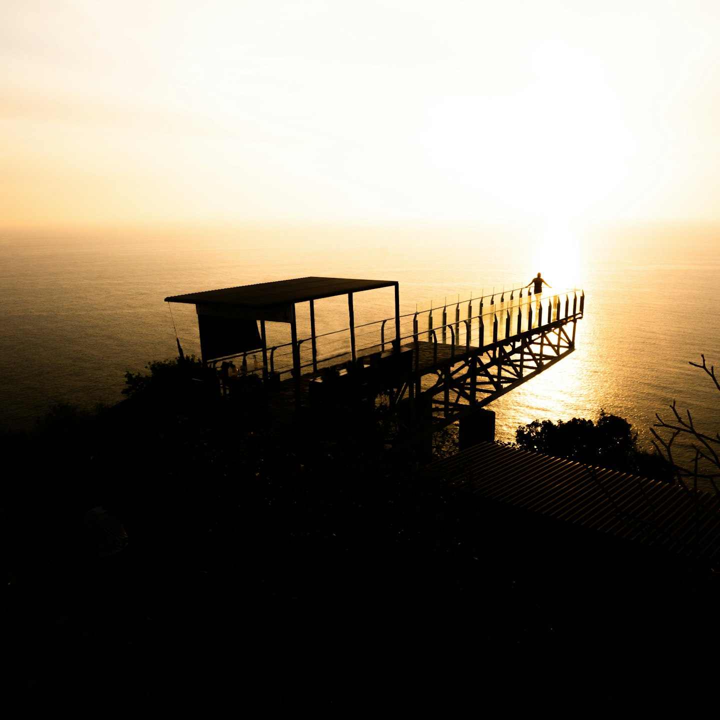 Person standing with arms outstretched on a modern observation deck.